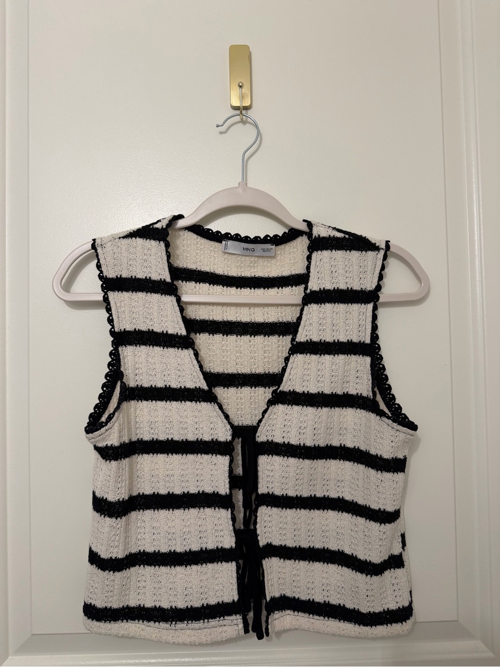 Mango Black & Cream Striped Knit Vest with Scalloped Trim
